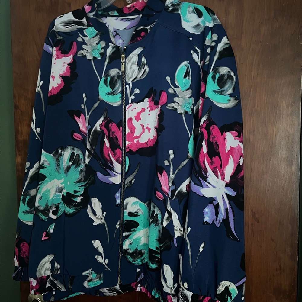 Susan Graver Navy Floral Bomber Jacket